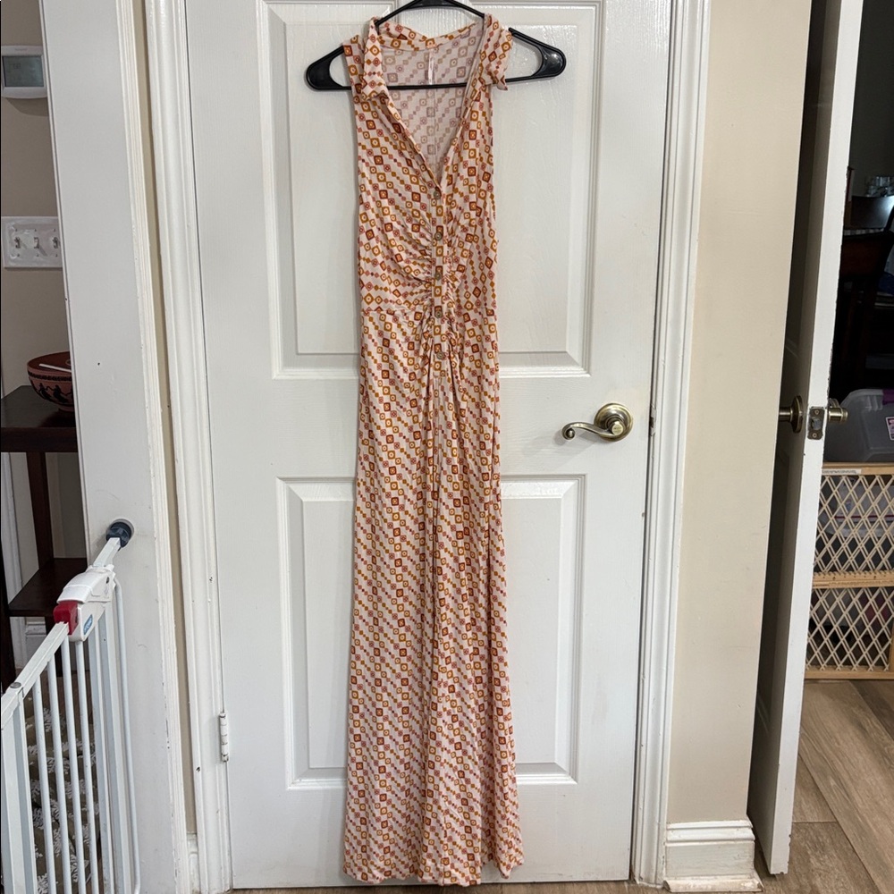 Free People Shayla Halter Jumpsuit Retro 70s Style Small Orange Print